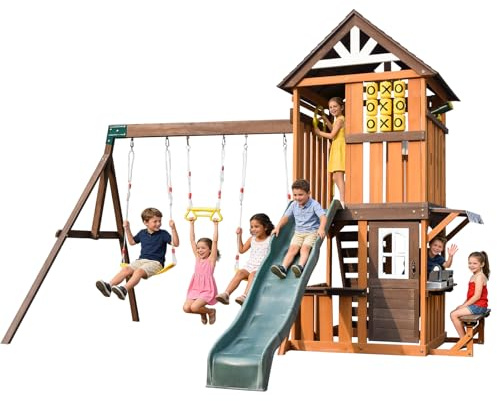 JOYLDIAS Cedar Wood Play Swing Set, Outdoor Playhouse Backyard Playground