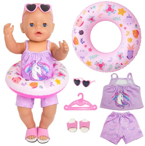 Puppen Schwimmset 35–43 cm, 6-Teiliges Puppenkleidung Sommer Set mit Lila Zweiteiligem Badeoutfit, Rosa Schwimmring, Herz Sonnenbrille, Sandalen und Kleiderbügel, Zubehör für 14–17 Zoll Babypuppen