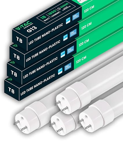 V-TAC 4x LED Röhre 120 CM - T8 - G13-Fassung 18W - Samsung Chip - 1850 Lumen - LED-Röhren für Decke, Wand, Garage, Geschäft - T8 Lampe- Ersatz für Neonröhren - Licht Kaltweiß 6500K