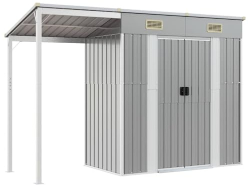 Abri de jardin en acier galvanisé gris clair 277 x 107 x 181 cm avec toit allongé pour outils, rangement extérieur avec 2 prises d'air et poignées