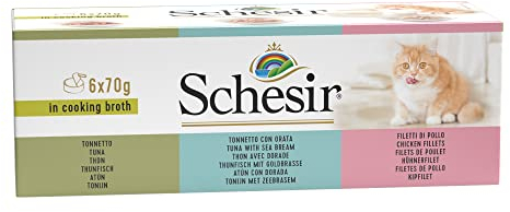Schesir Cat in Brühe - Katzenfutter nass mit Thunfisch, Hühnerfilet und Goldbrasse in eigener Kochbrühe, hohe Verträglichkeit, Multipack in Dosen (6 x 70 g)