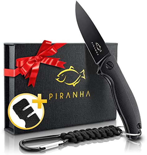 PIRANHA Outdoor Klapp-Jagdmesser - Einhandmesser Liner Lock - D2 Stahl - Outdoor Survival Messer Schwarz beschichtet - mit Clip - Taschenmesser inkl. Schärf Werkzeug