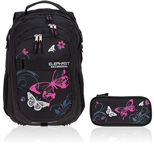 Schulrucksack Mädchen 2 T Set Hero Butterfly Rucksack Schultasche Mäppchen Box 12679 rmb (Butterfly Black Pink)