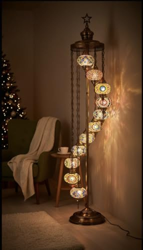 DEMMEX 11 Globe Turkish Moroccan Mosaic Floor Lamp – 210 cm Tall Tiffany Style Standing Boho Lamp for Living Room, Bedroom & Entryway – Handmade in Turkey, Multi-Color