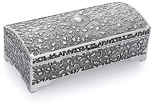 IGNPION Metal Jewellery Box Jewelry Display Case for Ring Necklaces Earrings Trinket Storage Organizer Case Antique Silver Mini Keepsake Box, Large