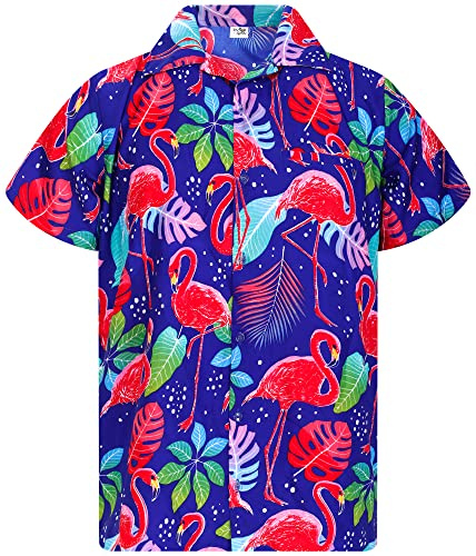King Kameha Hawaii Hemd Männer - Tropisches Hawaiihemd Herren Kurzarm,Funky-Flamingos, Blau, 3XL