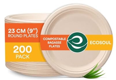 ECO SOUL Compostable Paper (23Cm) 9 Inch [200-Pack] Heavy Duty Disposable Sugarcane Bagasse Round Plates | Eco Friendly Biodegradable Microwave Safe Party