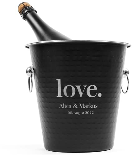 Ocasy Sektkühler love. schwarz mit Name und Datum personalisiert, Getränkekühler Edelstahl 20x20cm, Kühler 8l für 2 Flaschen, Wein, Sekt mit Gravur