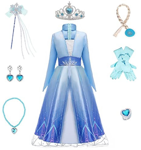 Timesun ELSA Mädchen Prinzessin Elsa Kleid Kostüm Karneval Cosplay Eisprinzessin Set aus Diadem, Handschuhe, Zauberstab, Perücke,Halskette,Ohrringe,Ringe,Handbag (Blau, 150)