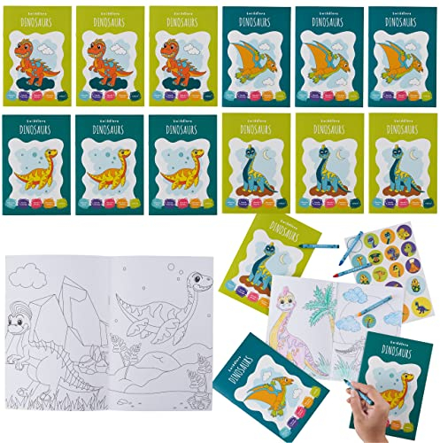 The TWIDDLERS 12 Mini Malbücher für Kinder, A5-Format - 16 lustige Designs mit 4 Buntstiften und Aufklebern - Partygeschenke für Kinder von 4-8 Jahren, Mini Malbuch Mitgebsel