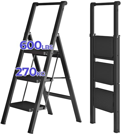 JOISCOPE Escabeau Pliant à 3 Marches avec Accoudoir, Échelle de Maison, Marches Élargies, Échelle Multifonctionnelle, Capacité jusqu'à 270KG, Échelle de Bureau à Domicile, Noir