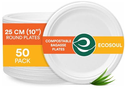 ECO SOUL Pearl White Runde 25cm Bagasse Pappteller (50 Stück), Einweggeschirr und 100% Kompostierbares, Umweltfreundlich Partygeschirr, Robust Campinggeschirr, Mikrowellen- und Ofenfest
