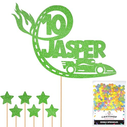 Personalised F1 Motor Racing Car Glitter Cake Topper - Green Custom Age & Name Glitter Cake Decoration and Sprinkles - Happy Birthday Decorations - Personalised Toppers for Cakes by Cakeshop