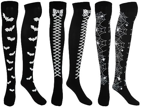 MilyaDE 3 Paare Damen Halloween Horror Kniestrümpfe Overknee Schleife Fledermaus Spinnennetz Karneval Fasching Party Beinstulpen, Schwarz