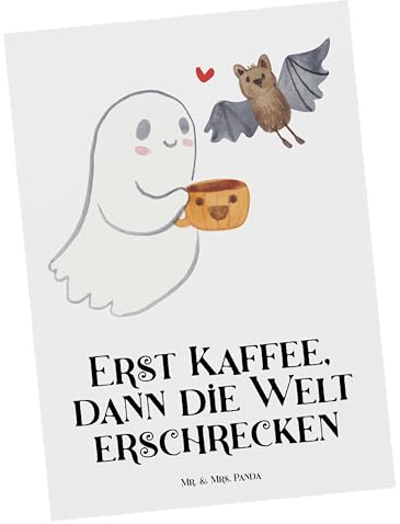 Mr. & Mrs. Panda Postkarte Gespenst Kaffee - Geschenk, Ansichtskarten, Geburtstagskarte, Schenken, Halloween, Ansichtskarte, Einladungskarte,