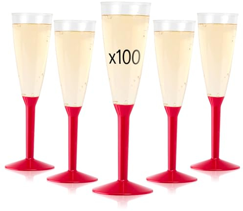 Lot de 100 Flutes Champagne Plastique Lavable et Réutilisable 14cl - Verre Plastique 100% Recyclable, Grande Stabilité, Rigidité Design Élégant - Parfait pour Anniversaire, Mariage (Rouge)
