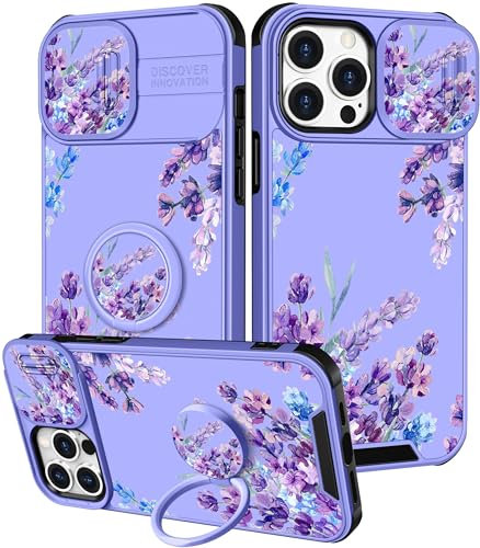 Pegmode (2in1 for iPhone 14 Pro Max Case for Women Cute Girls Phone Cases Purple Flower Lavender Girly Kawaii Floral Unique Design with Slide Camera Cover+Ring Holder for iPhone 14 ProMax Cover 6.7''