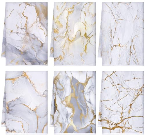 Boyiee Set mit 6 Marmor-Küchentüchern, goldfarben, saugfähig, stilvolle Marmor-Geschirrtücher, 61 x 40 cm, moderne Handtücher, Einweihungsgeschenke für Bauernhaus, Küche, Badezimmer, Dekorationen