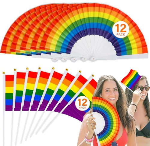 12 Pride Flags & 12 Fan, Small Gay Pride Flags Hand Fans, Rainbow Mini Pride LGBTQ Flags Lesbian Pride Folding Fans, Pride Accessories Bulk for Pride Parade Party Decor Supplies