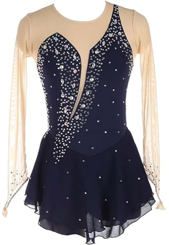 SHAIRMB Langarmshirt für Damen Eiskunstlaufkleid, Gymnastik-Jersey-Kleid, Ballett-Tutu Rock Tanzbekleidung, Tägliches Tragen Eiskunstlaufkleid, Wettkampf-Eislaufbekleidung,Navy Blue,L