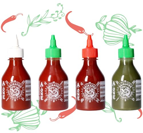 A-One Sriracha Sauce 4er Set x 200ml - Chilisauce mit 4 Geschmacksrichtungen - Klassik Scharf, Super Hot, Knoblauch, Grün - Probierpack Würzsaucen