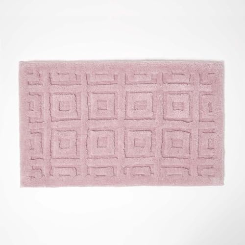 HOMESCAPES Tappeto da bagno in misto cotone rosa con motivo geometrico quadrato piastrelle super assorbente tappeto da bagno trapuntato, 50 x 80 cm