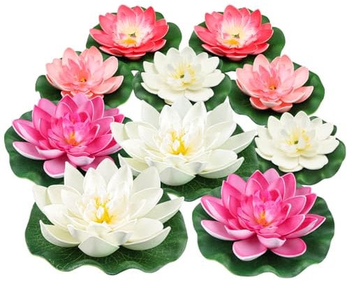 QUOZUO 10 Stück Schaum Seerose Blume Schwimmende Blumen Künstliche Seerosen Wasserlilie Pflanze Lotusblüte für Aquarium Terrasse Garten Pool Garten (rot weiß)