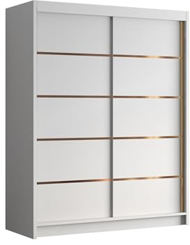 Mirjan24 Kleiderschrank mit Goldverzierung Femosa IV 150 cm Breit, Garderobenschrank, Schlafzimmerschrank mit Kleiderstange und Einlegeböden für Kleidung (Weiß)