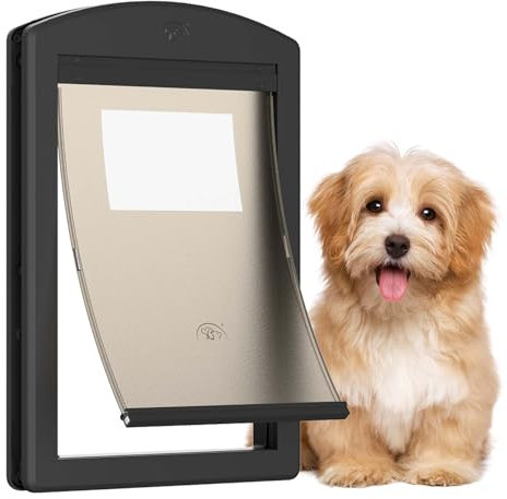 PATAPLUS Dog Door for Door,Door for Dogs and Pets,Strong Plastic Doggy Door Cat Door and Medium Dog Door with Sliding Lock Panel and Magnetic Soft Flap(Black, Medium)