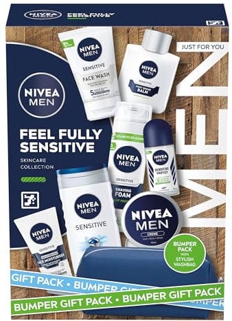 NIVEA MEN Feel Fully Sensitive Skincare Gift Set (8 Products), Includes Shower Gel, Anti-Perspirant, Face Wash, Shaving Foam, Post Shave Balm, Moisturisers, and Wash Bag