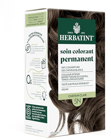Herbatint Soin Colorant Permanent Cheveux 5N Châtain Clair - 170 ml | Sans Ammoniaque, 100% Couverture des Cheveux Blancs | Testé Dermatologiquement pour Peaux Sensibles, avec 8 Extraits Végétaux Bio