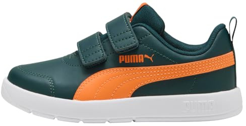 PUMA COURTFLEX V3 V PS Sneaker, Green Terrain-ORANGE GLO White, 33 EU