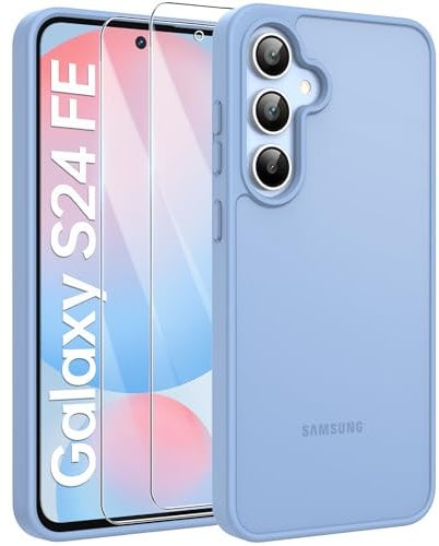 FLLAO Matt Handyhülle für Samsung Galaxy S24 FE Hülle und 2 Schutzfolie, mit Kameraschutz [Militärnorm Schutz] urchscheinende PC Rückseite TPU Bumper Hülle für Samsung S24 FE - Blau