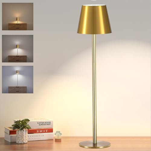 Seyxicnor Rechargeable Table Lamp, 5400mAh Adjustable Height Full Metal Cordless Lamps, 3 Color Dimmable Bedside Touch Lamp, Waterproof Portable Table Light for Bedroom Restaurant Outdoor (Gold-1PC)