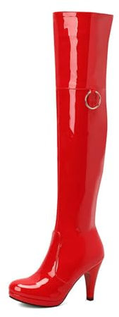 Stivali da Donna sopra al Ginocchio Stivali Moda Plateau Stivali Alti alla Coscia con Cerniera,Rosso,37 EU