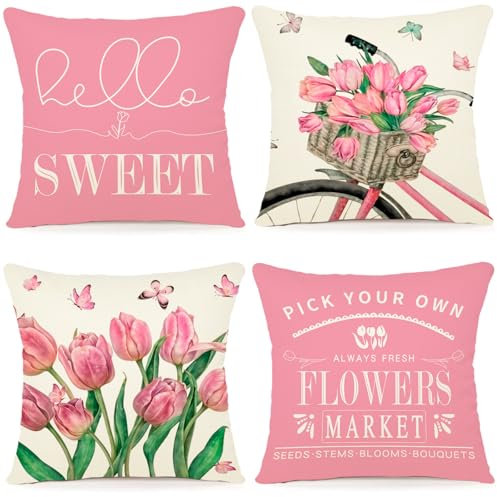 ZWJD Sommer Kissenbezug 50x50 cm – 4er Set Leinen Dekokissenbezüge mit Blumen Aquarell Design, Zierkissen für Sofa, Wohnzimmer & Sommer Deko