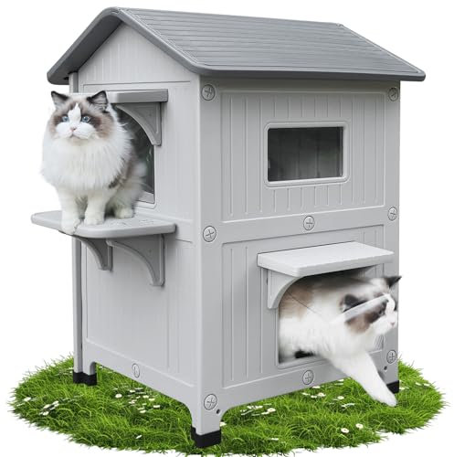 Outdoor cat house, 2 story outdoor houses for cats plastic outside cat shelter weatherproof with escape door, large feral villa cat shelter for small medium pets