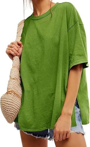 Tankaneo Maglietta da Donna, Oversize, a Maniche Corte, Girocollo, Estiva, in Tinta Unita, Lunga, Casual, Basic con Spacchi Laterali, Verde, XL