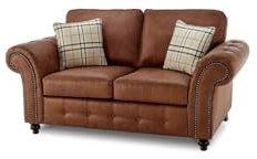 Germodify Oakland Faux Leather Sofa Set, 3-Seater and 2-Seater, Brown with Plaid Cushions, Tufted Design (2 SEATER)