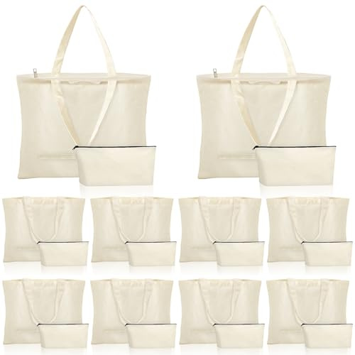 PQHIQ 20 Cotton Canvas Tote Bags with Zips, 42 x 33 x 10 cm | Blank Beige Reusable Shopping Bags With Handles, Zipped Tops And Gusseted Bases For Daily Use
