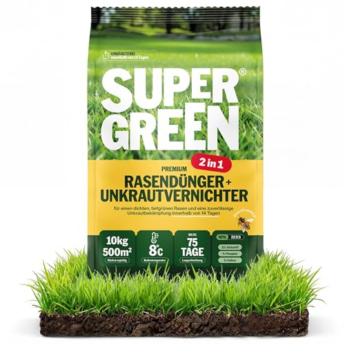 SUPERGREEN Rasendünger mit Unkrautvernichter 2in1 Langzeit bis 75 Tage | 10kg | NPK 22-5-5 für dichten, sattgrünen, unkrautfreien Rasen in 14 Tagen | Effektiv gegen Unkraut | Premium Qualität