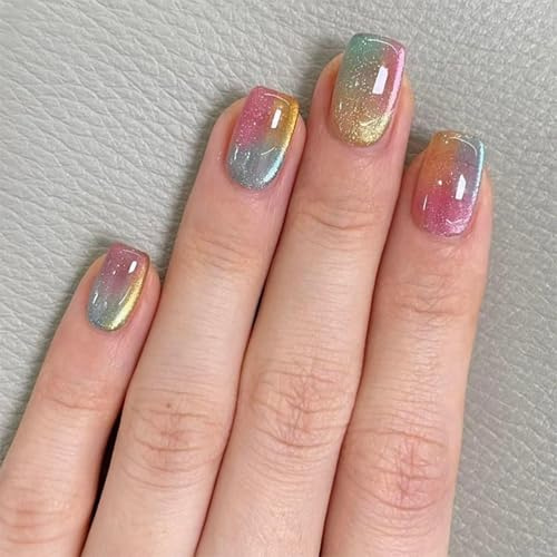 Cat Eye Press on Nails Short - Color Changing Fake Nails with Glue, Glossy & Durable False Nails Kit, Square Fake Nails for Women, 24PCS Long Lasting Square False Manicure