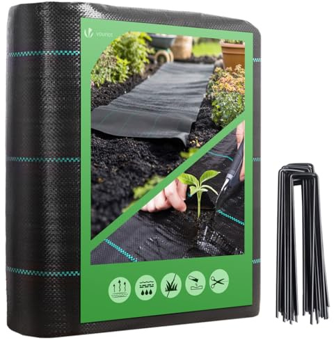 vounot® Toile de Paillage 1Mx25M avec 50pcs de Piquets Contre Les Mauvais Herbes en Fibres de Polypropylène Tissées Anti-UV 100g/m2 Résistant Aux Déchirures Piquets de Fixation Fournis