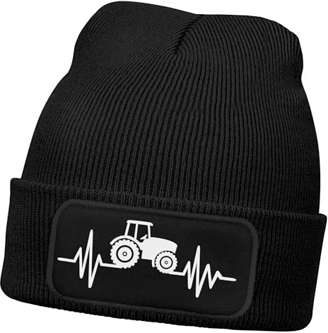 MoonWorks® Herren Beanie mit Patch Strickmütze Traktor Herzschlag Aufdruck Landwirt Geschenk Bauer Mütze Männer
