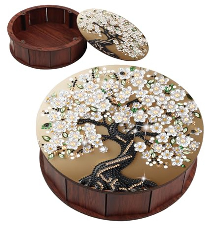 JICFDAO 5D Diamond Painting Rund Snack Box 19.8x5.7cm Diamant Malerei Snackbehälter DIY Kreative Mosaik Snackbox Aufbewahrungsbox Holz Desk Organizer für Kleinigkeiten Schmuck Nüssen Baum Kirschblüten
