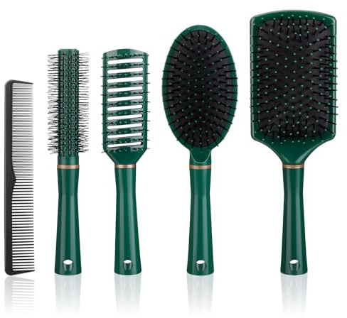 Lot de 5 brosses à cheveux démêlantes antistatiques avec brosse ovale, ronde, aération et palette pour massage du cuir chevelu à la maison, pour homme et femme, vert