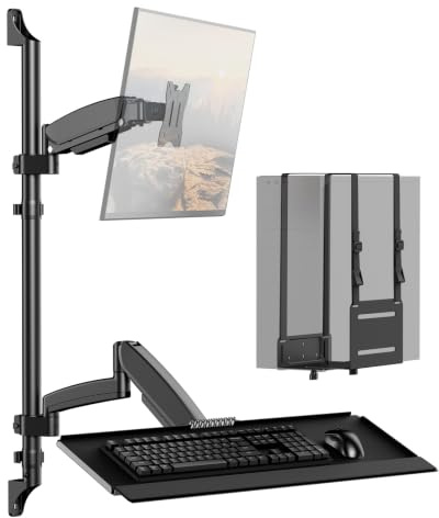 Wall Mount Sit Stand Workstation with Single Monitor Mount, Keyboard Tray and CPU Holder, Height Adjustable Full Motion Arms for 13-32 inch Screens, VESA 75x75, 100x100, Black