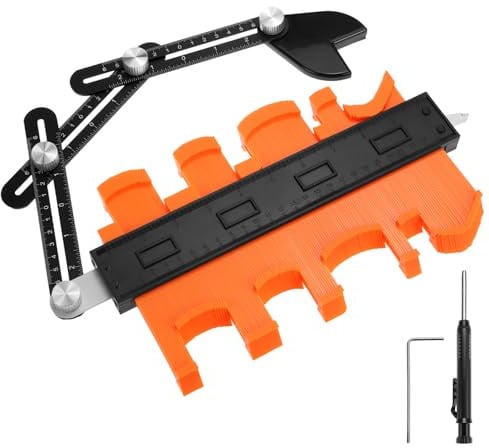 QWORK® Konturenlehre mit Feststeller 25cm Inkl. Winkelschablone & Tieflochmarker, Präzises Profillehre Set, für Fliesen, Laminat & Vinyl – zum Kopieren von Formen & Ecken