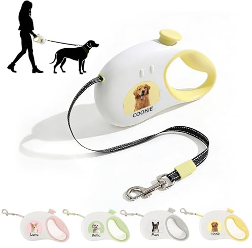 UIDMEN Personalisierte verstellbare Hundeleine mit Foto und Name, Einhand-Bremssystem für kleine & mittlere Hunde - Geschenk für Tierliebhaber