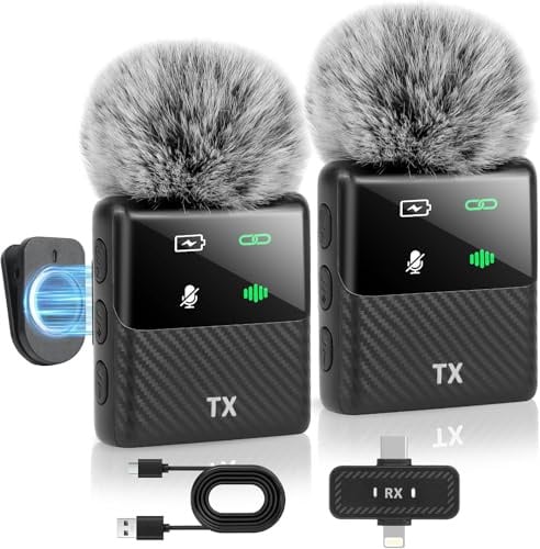 Kairiyard Mini microphone sans fil pour iPhone, iPad, téléphone portable Android - Réduction du bruit, Plug & Play, clip magnétique pour enregistrement vidéo, podcasts et vlogs